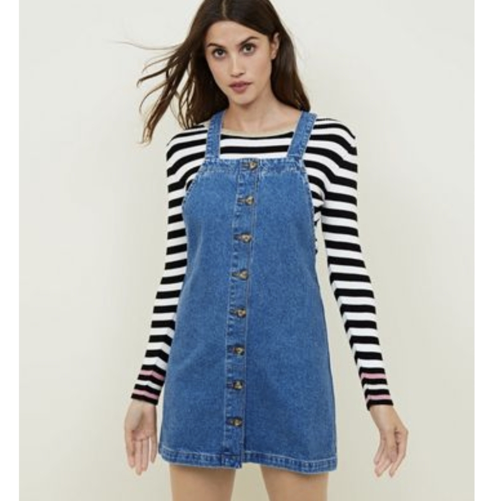 New Look Blue Button Front Pinafore Dungaree Denim Dress Sz 6
